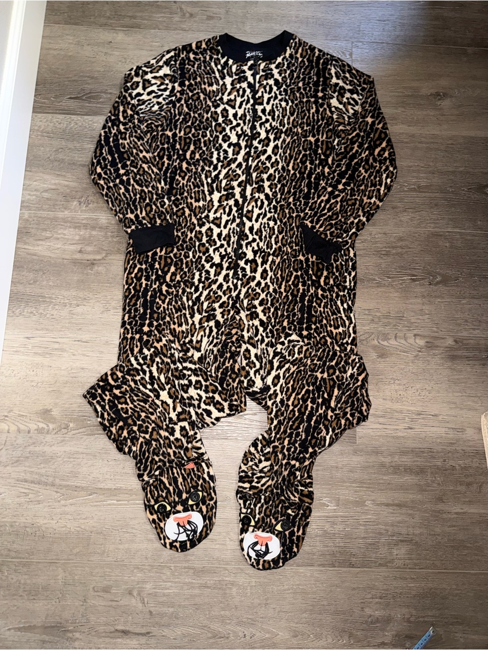 Nick & Nora Leopard Print Adult Footed Pajamas w/ Embroidered Cat Brown/Black